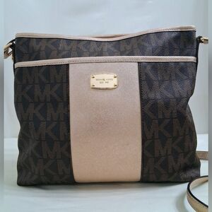Michael Kors Metallic Center Stripe Crossbody Brown MK Signature W/ Gold Trim